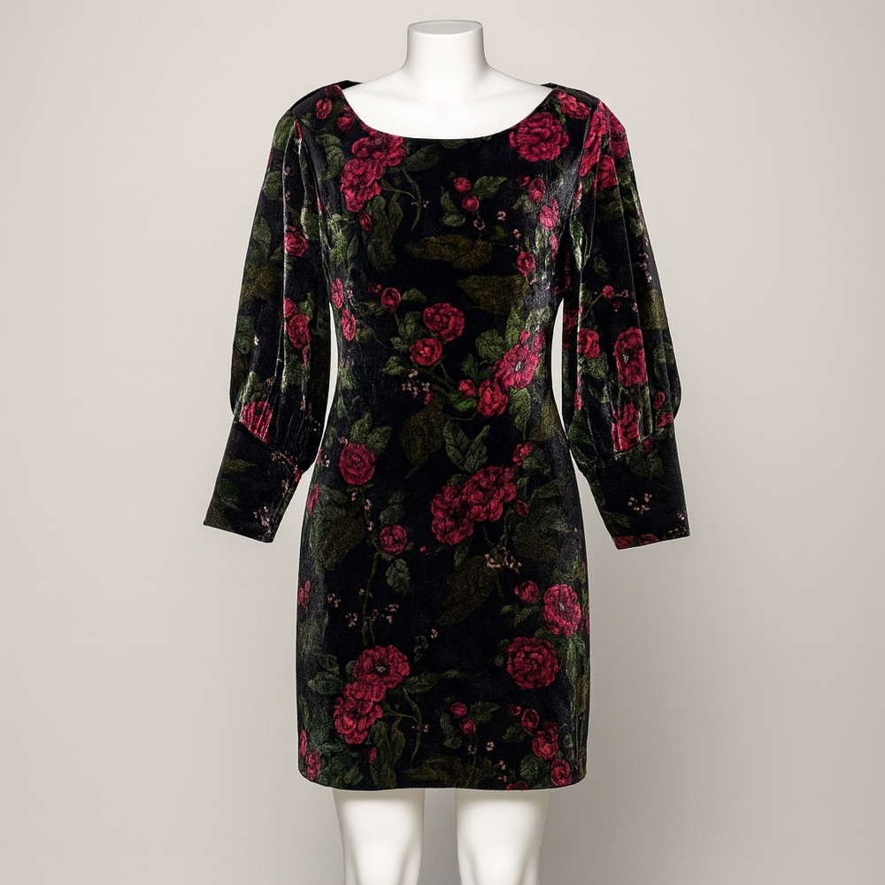 Black Velvet Mini Dress Floral Print & Cuffed Sleeves 4P Whimsigoth Romantic